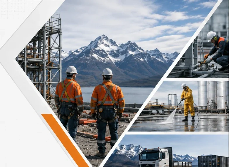 Trabajadores industriales con montañas y transporte en el sur de Chile